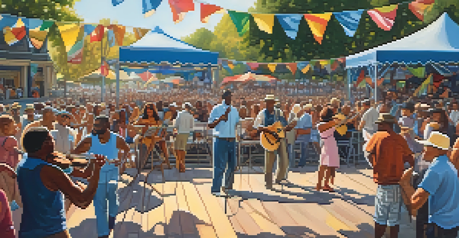 A vibrant music festival scene featuring musicians playing blues and jazz with a lively crowd.