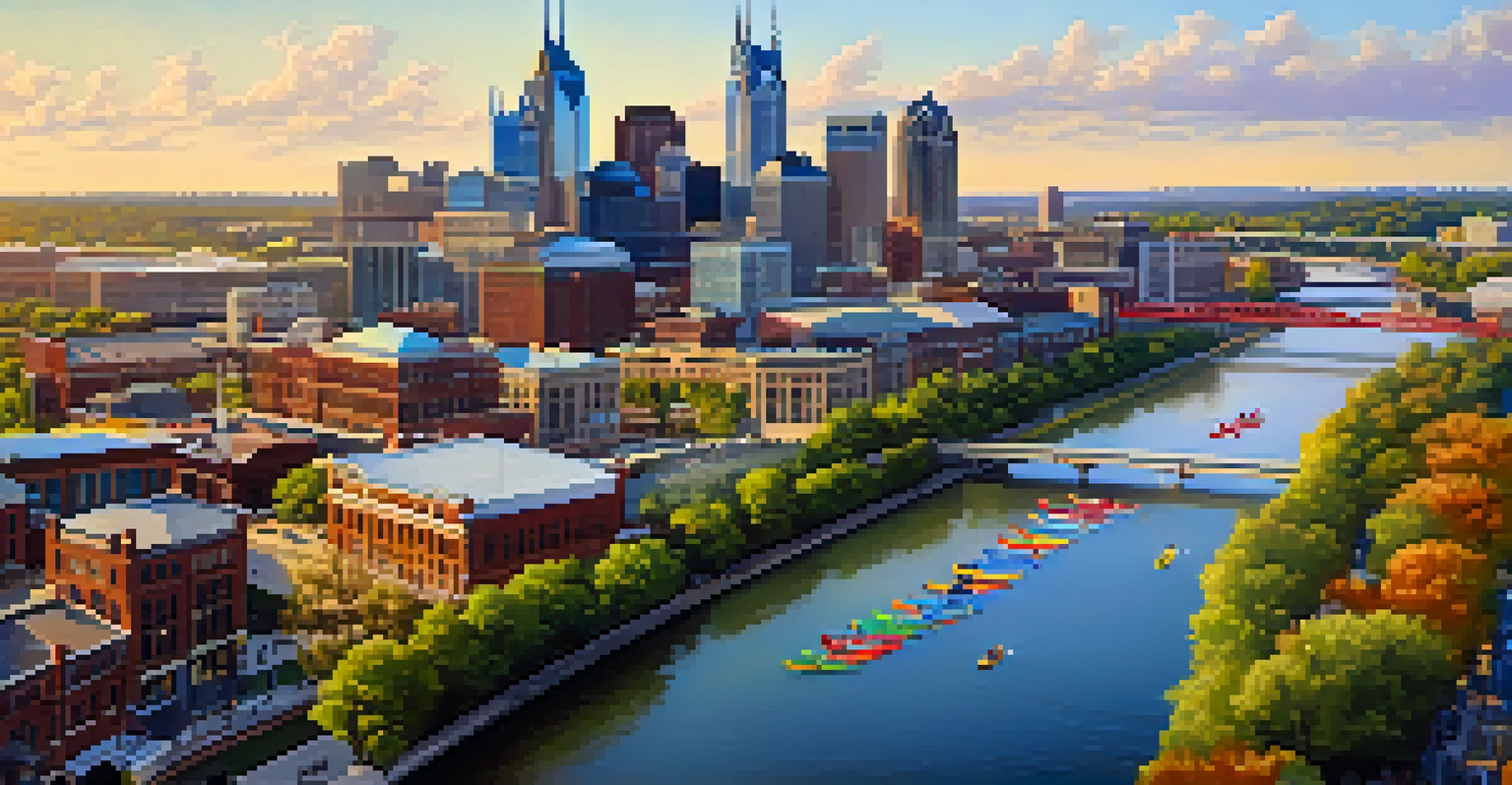 Aerial view of the Cumberland River with kayaks and the Nashville skyline in the background.