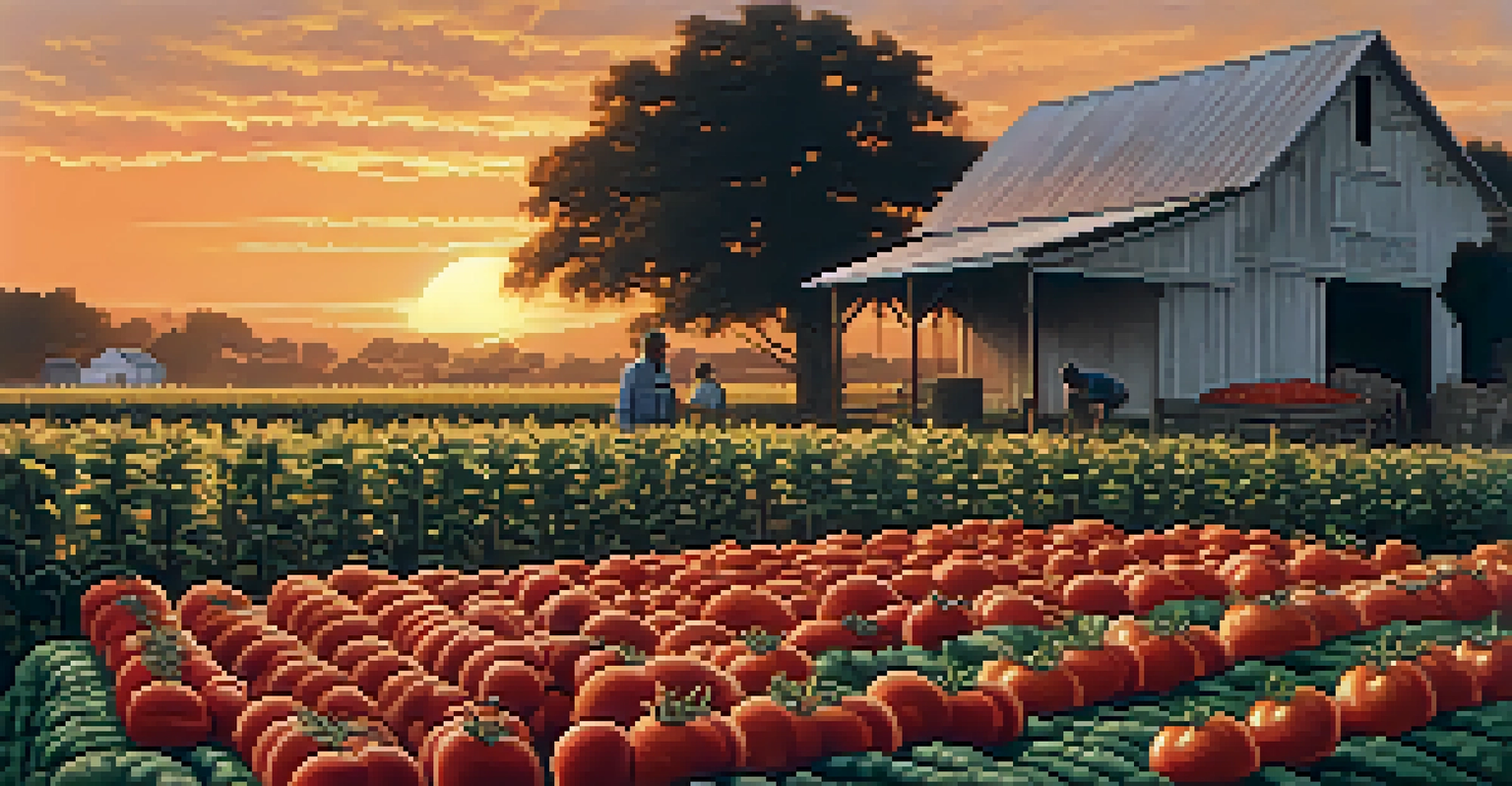 A scenic Southern farm at sunset, with crops and a farmhouse illustrating the connection to Southern culinary heritage.