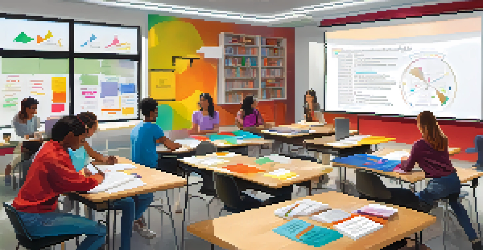 Students from different backgrounds collaborating in a modern classroom, with colorful materials and a whiteboard covered in ideas, showcasing a lively interdisciplinary studies environment.