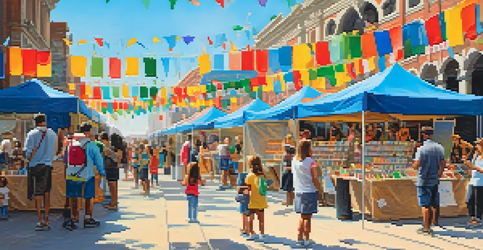A lively art festival with artists and families engaging in creative activities, colorful artwork displayed, and food stalls visible in the background.