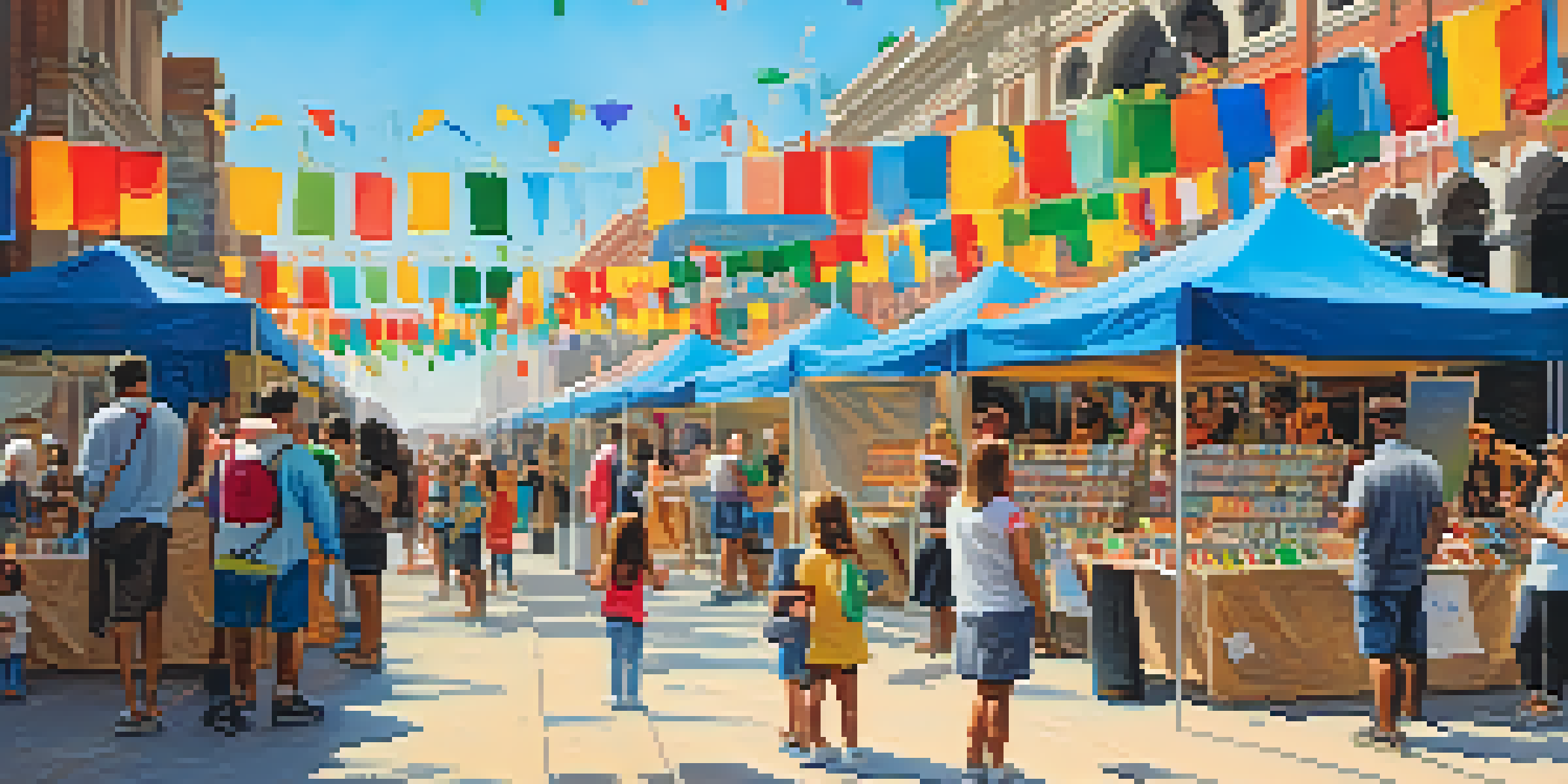 A lively art festival with artists and families engaging in creative activities, colorful artwork displayed, and food stalls visible in the background.