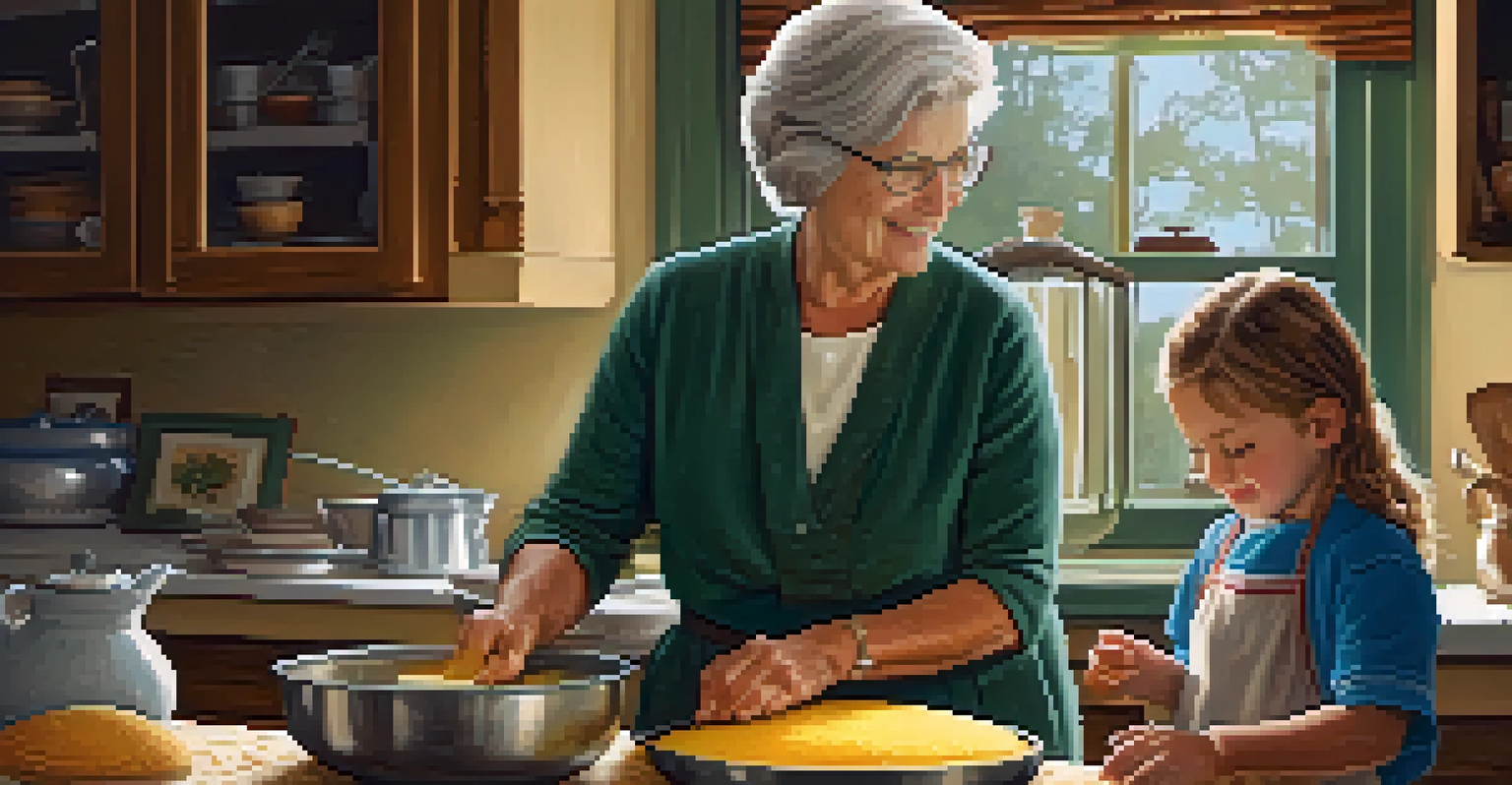 A grandmother and grandchild cooking together in a cozy kitchen, making cornbread.
