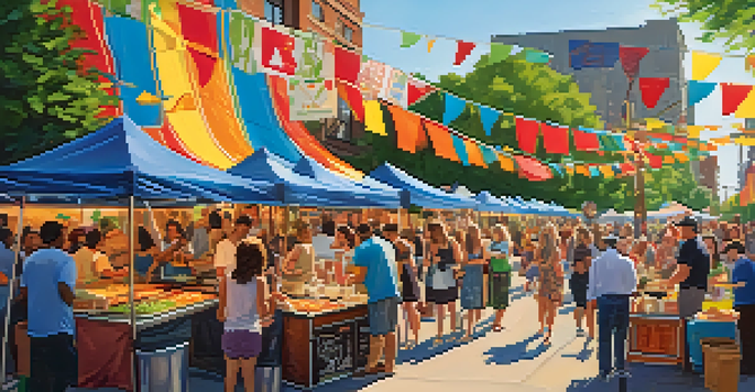A lively outdoor festival in Nashville with food stalls, families enjoying various dishes, and colorful decorations under bright sunlight.