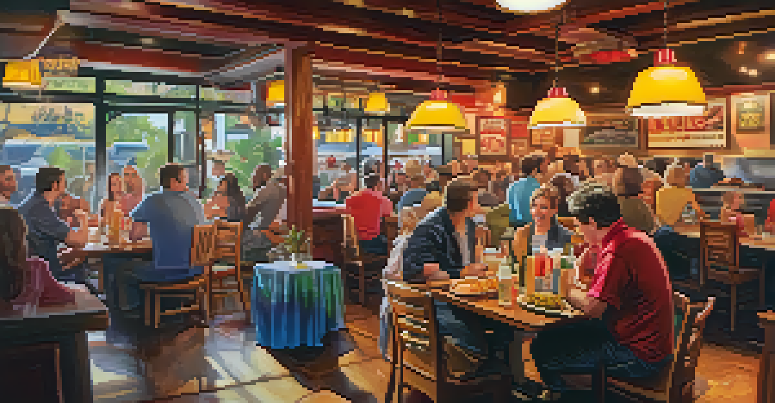 The interior of BBQ Oasis with colorful decor, featuring a close-up of a pulled pork sandwich and happy diners.