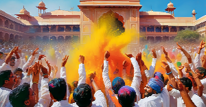 A colorful scene of people celebrating the Holi festival, throwing powders in the air against a backdrop of traditional Indian architecture.