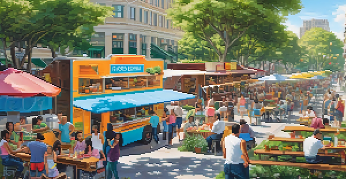 A lively food truck park filled with colorful food trucks and people enjoying meals on picnic tables under a sunny sky.