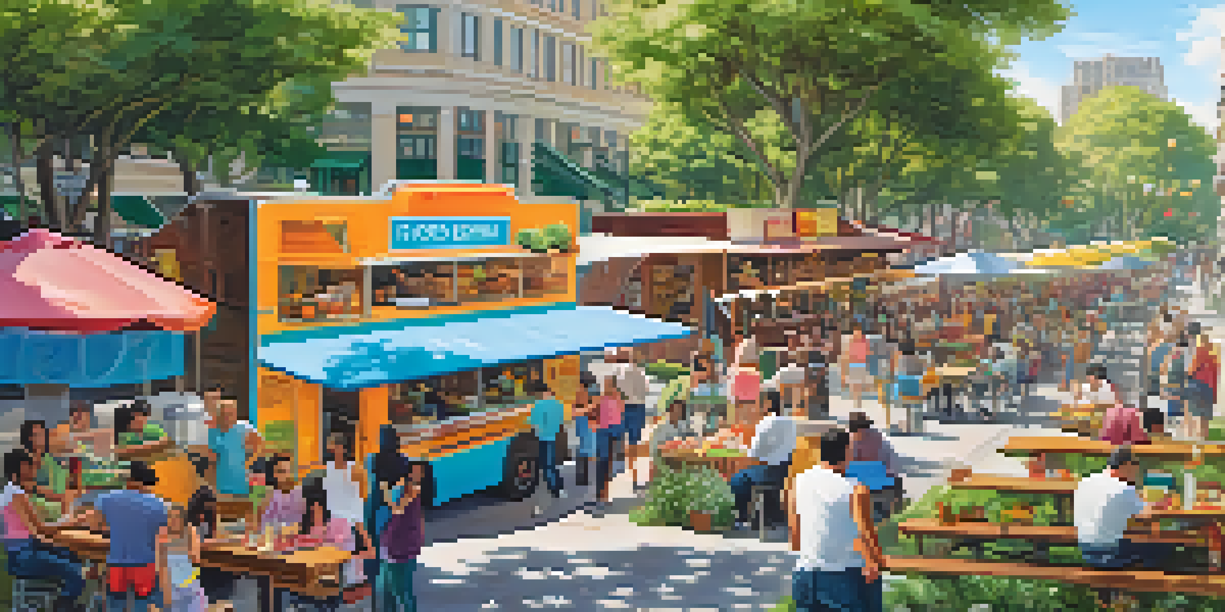 A lively food truck park filled with colorful food trucks and people enjoying meals on picnic tables under a sunny sky.