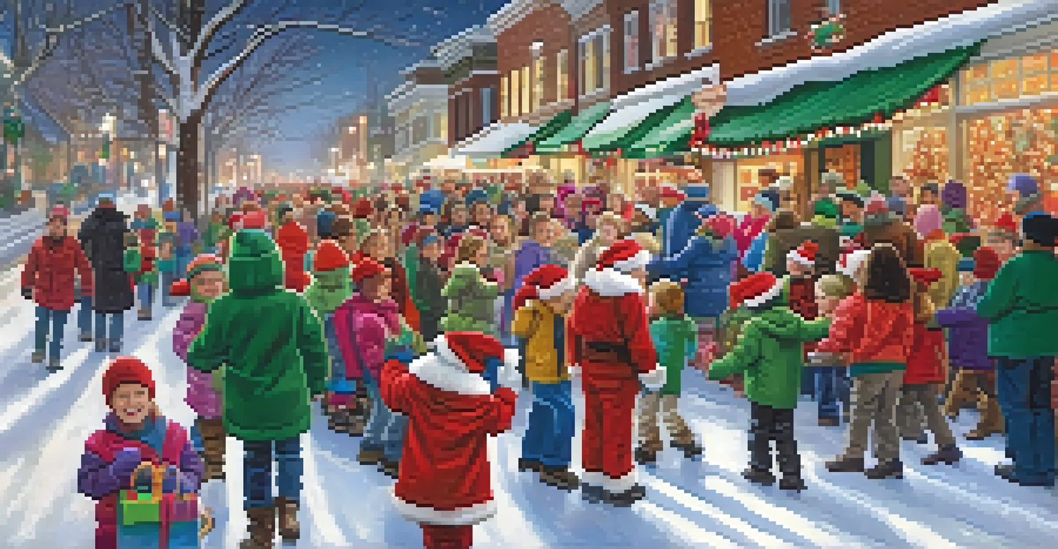 A winter holiday parade with Santa Claus on a decorated float and children holding hot cocoa in a snowy setting.