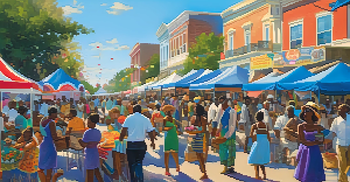 A lively festival celebrating Southern culture with diverse people, colorful tents, food stalls, and musicians playing blues and jazz under a clear blue sky.