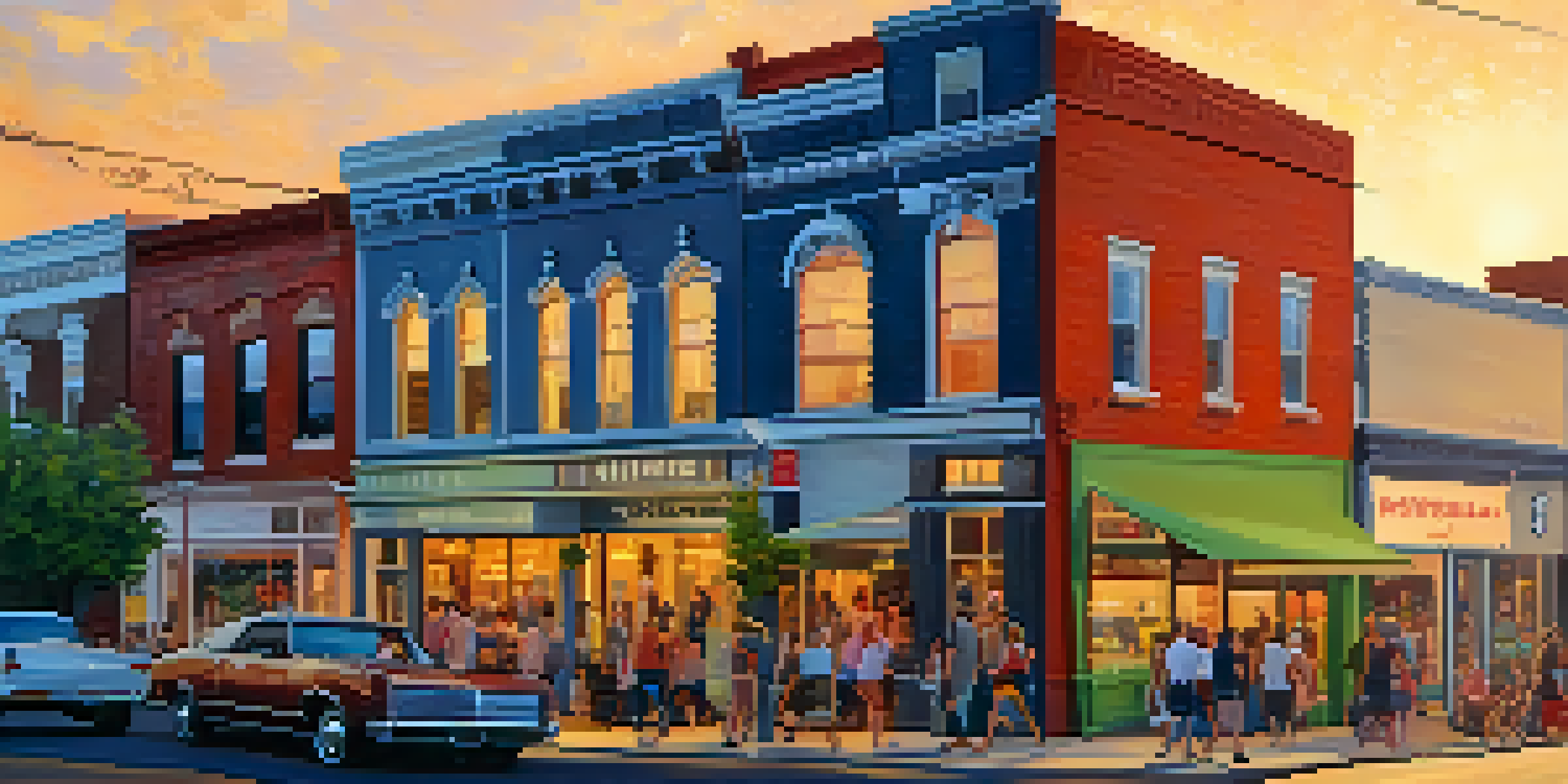 A lively street in East Nashville with historic buildings and modern shops, filled with people and colorful murals under a warm sunset.