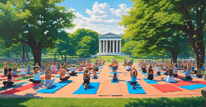 A diverse group of individuals practicing yoga outdoors in a park, with colorful mats and greenery around them, featuring a Parthenon replica in the background.