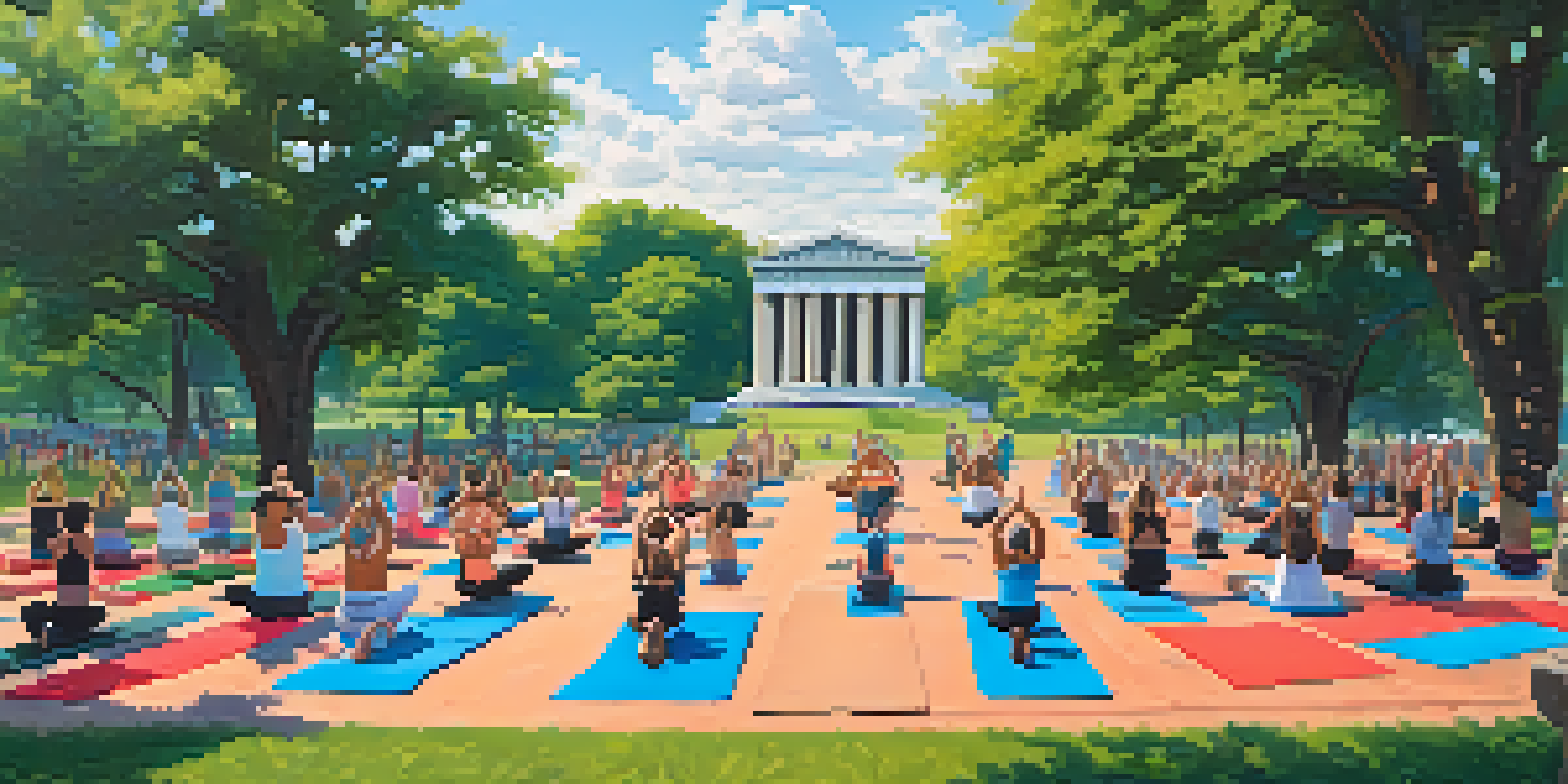 A diverse group of individuals practicing yoga outdoors in a park, with colorful mats and greenery around them, featuring a Parthenon replica in the background.
