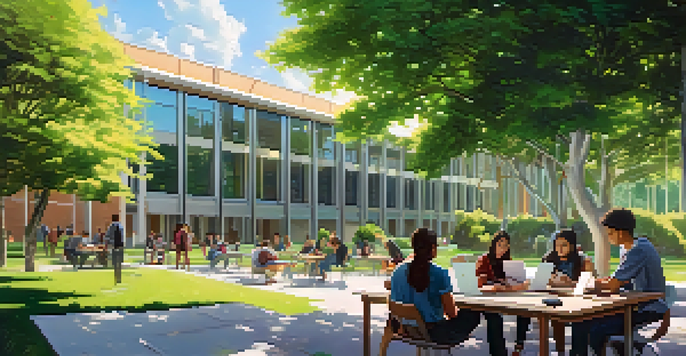A group of university students working together on a project outdoors in a sunny campus setting, surrounded by greenery and modern buildings.