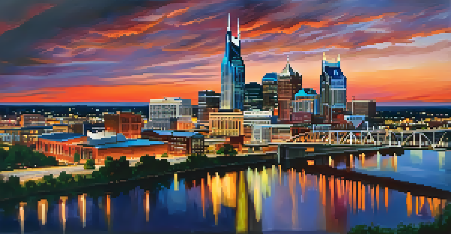 An aerial view of Nashville's skyline at dusk, featuring illuminated buildings and the Cumberland River reflecting sunset colors.