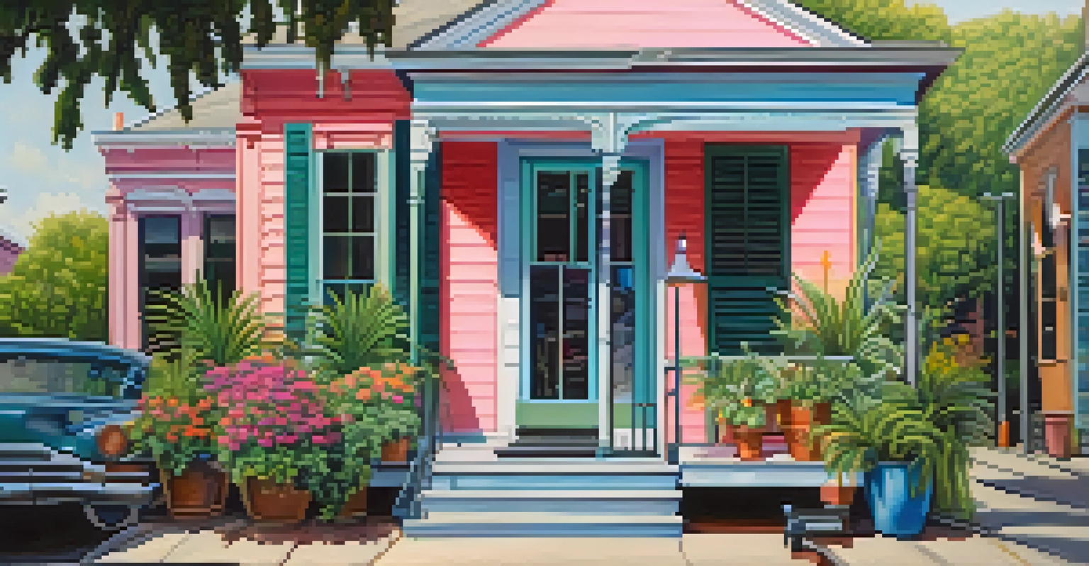 A colorful shotgun house in New Orleans with a front porch decorated with ferns and flowers, set against a lively street scene.