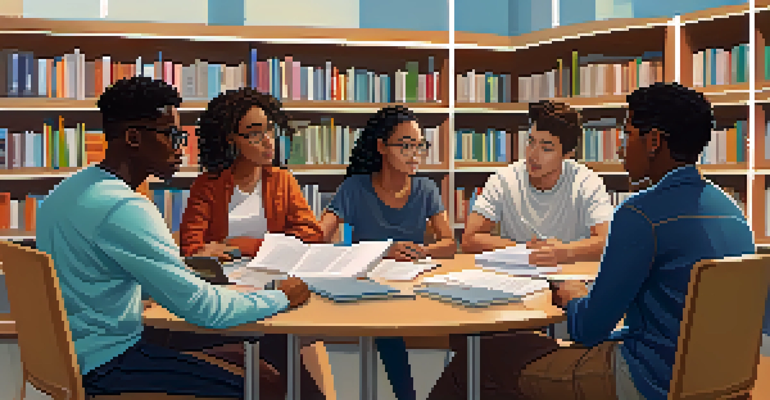 A group of diverse students collaborating on scholarship discussions in a modern library.