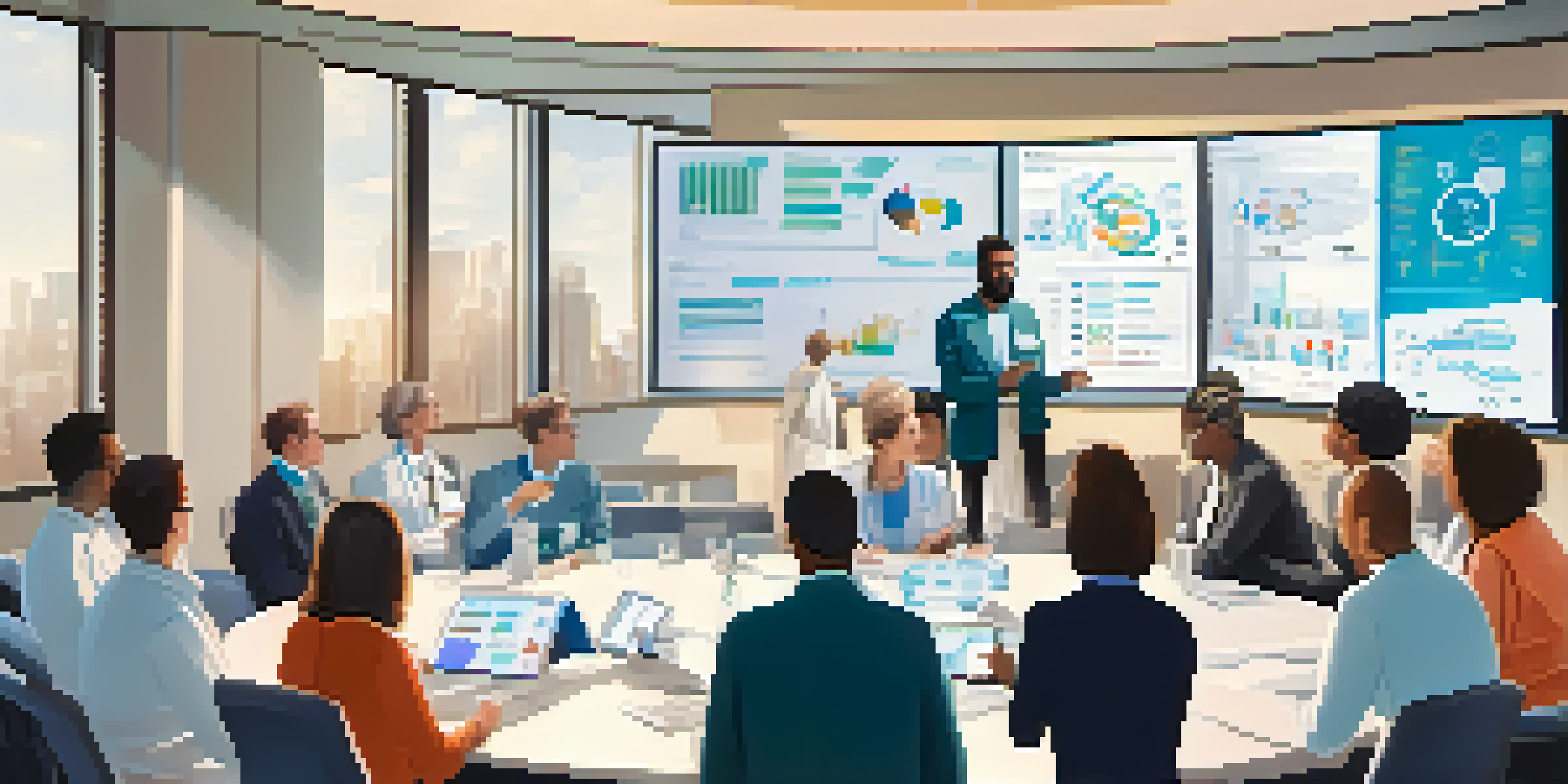 A diverse group of healthcare professionals collaborating in a bright conference room, discussing ideas with digital devices and charts in the background.
