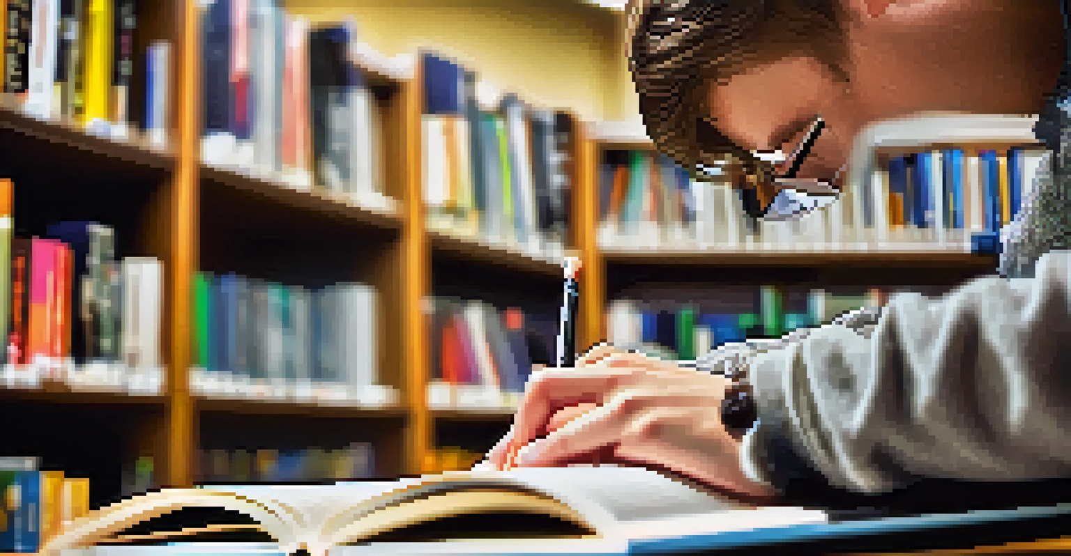 A student working on a laptop in a Nashville community college library, surrounded by textbooks and study materials.
