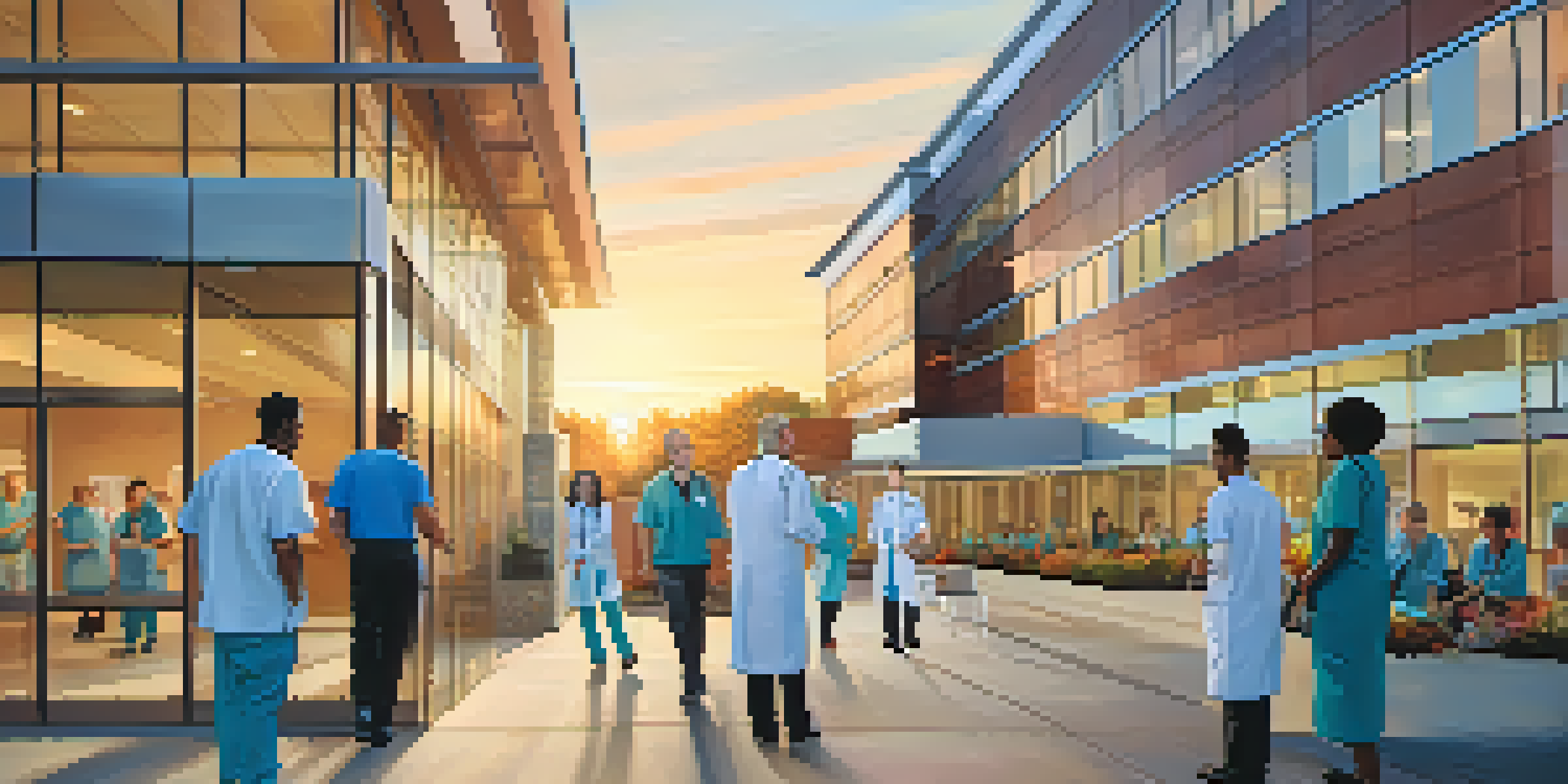 A modern hospital building at sunset with healthcare professionals and families approaching the entrance.