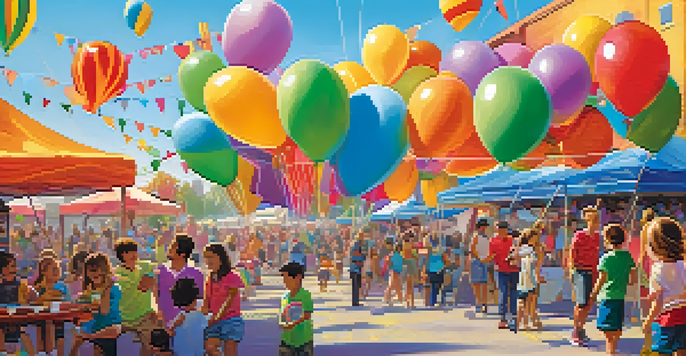 A lively family festival with balloons, children engaged in activities, and food trucks in the background.