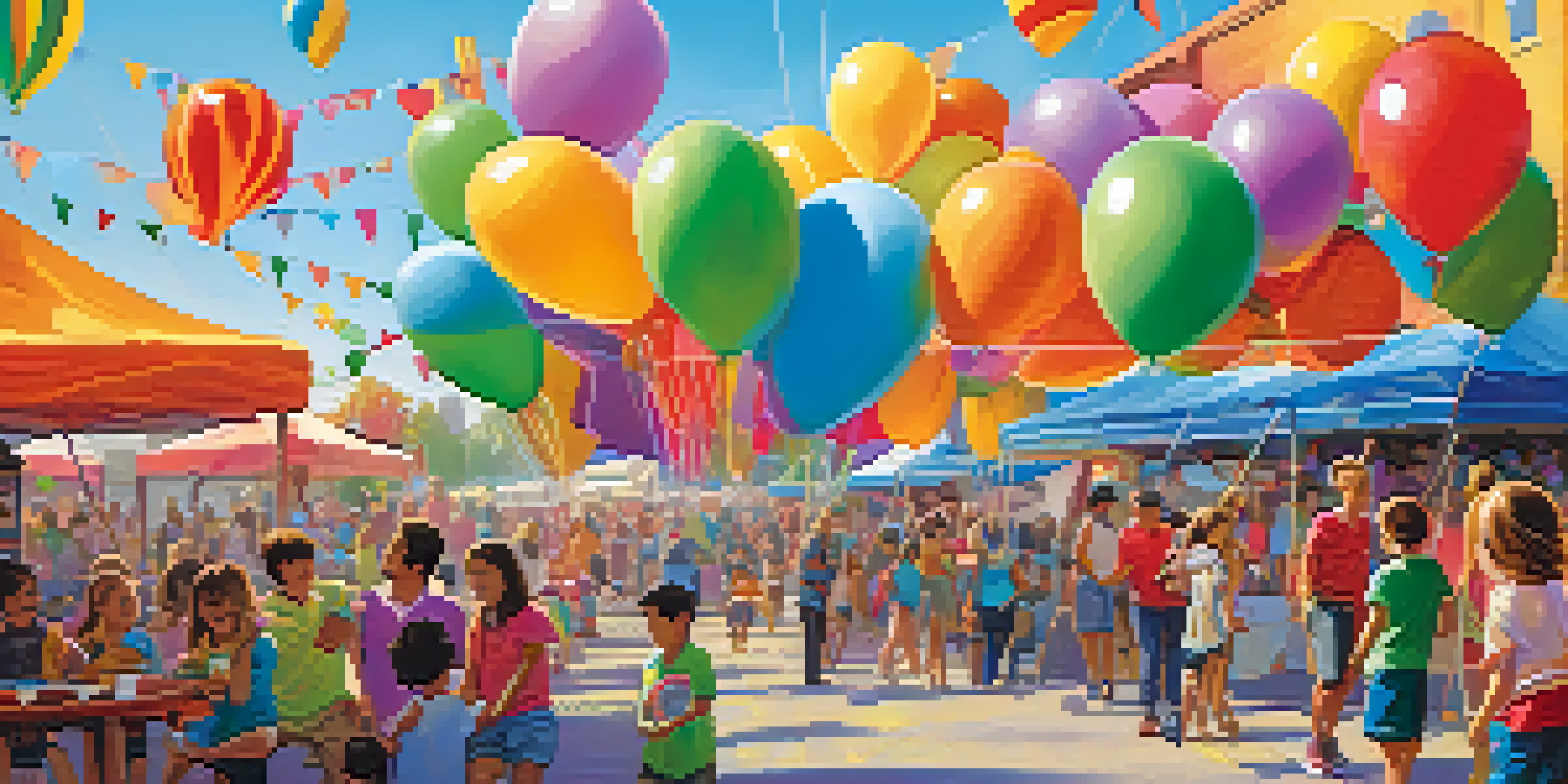 A lively family festival with balloons, children engaged in activities, and food trucks in the background.