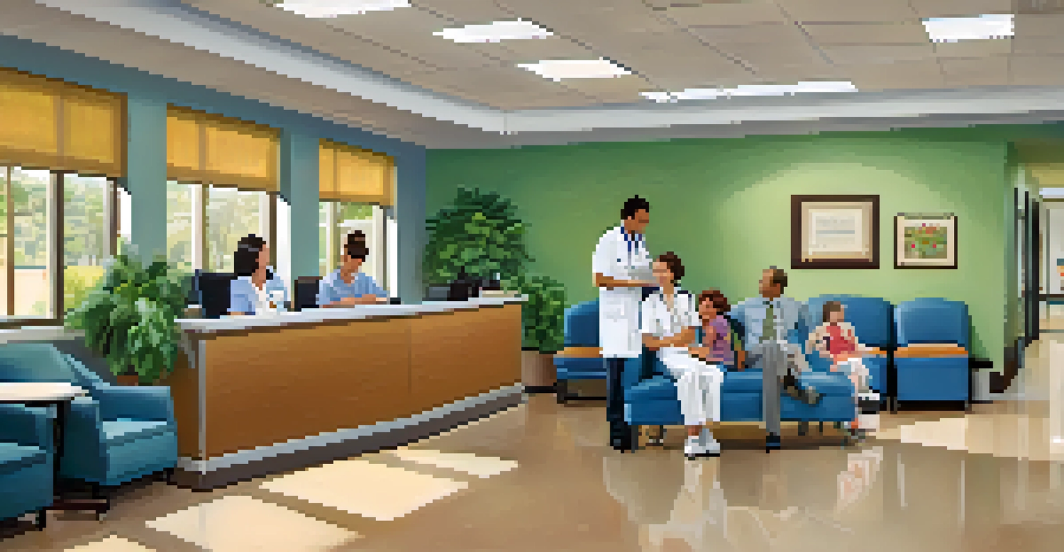 A bright and welcoming waiting room in a healthcare facility with comfortable seating and a nurse assisting a patient.
