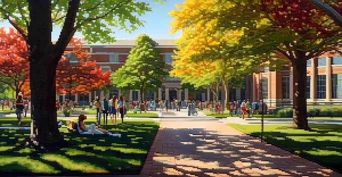 A lively college campus in Nashville with students working together outside among greenery and flowers under sunlight.