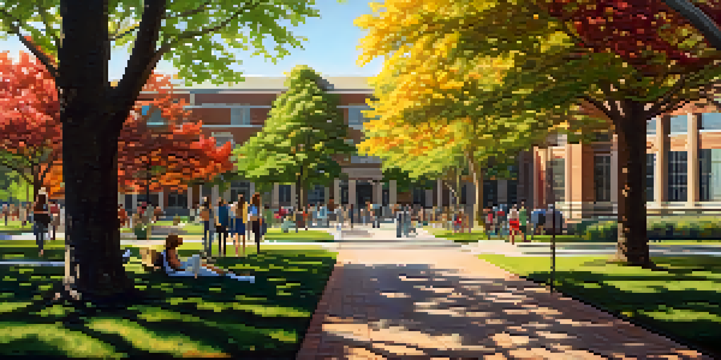 A lively college campus in Nashville with students working together outside among greenery and flowers under sunlight.
