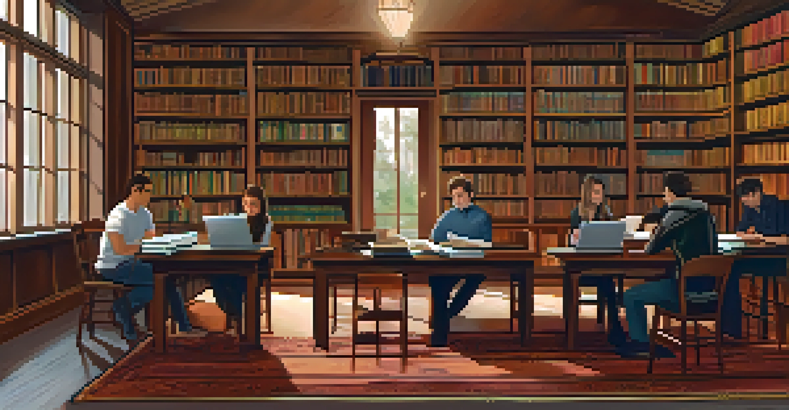 Students studying together in a cozy library setting, surrounded by books and warm lighting, representing collaboration in education.