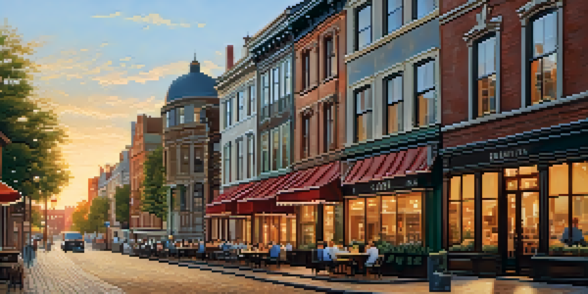 A street view of historic buildings bathed in golden sunset light with a cobblestone path and a café.