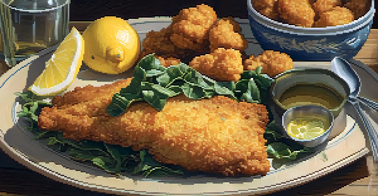 A close-up view of fried catfish with hushpuppies and collard greens on a rustic wooden table.