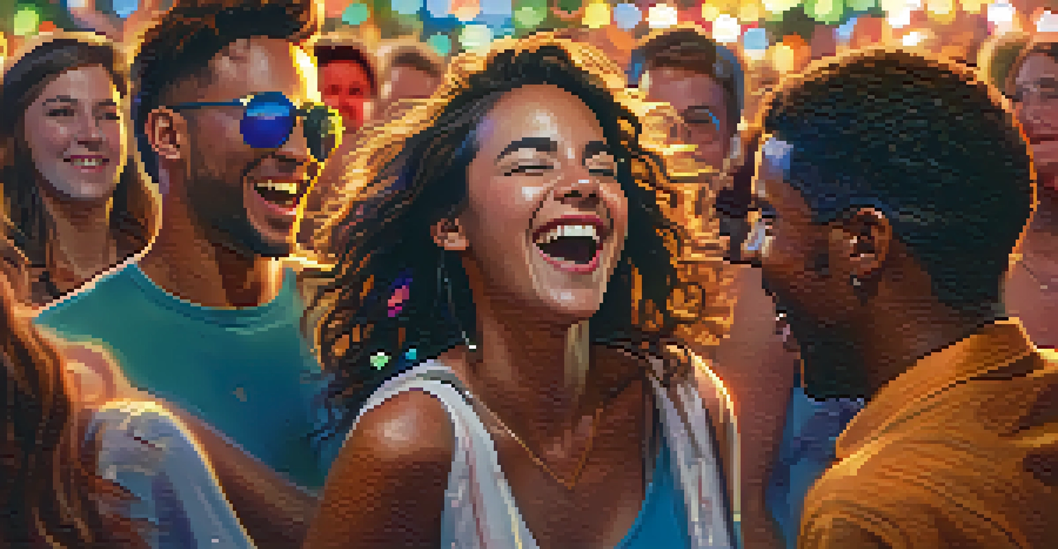 A close-up of friends dancing joyfully at a festival, surrounded by colorful lights and a lively crowd.