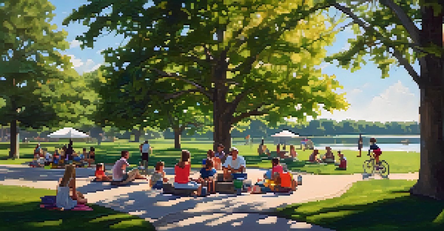 A lively urban park scene with families picnicking, children playing, and people biking on a sunny day surrounded by greenery.