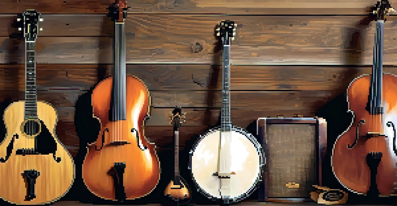 A collage of country music instruments on a wooden background, showcasing a banjo, fiddle, and guitar in warm lighting.