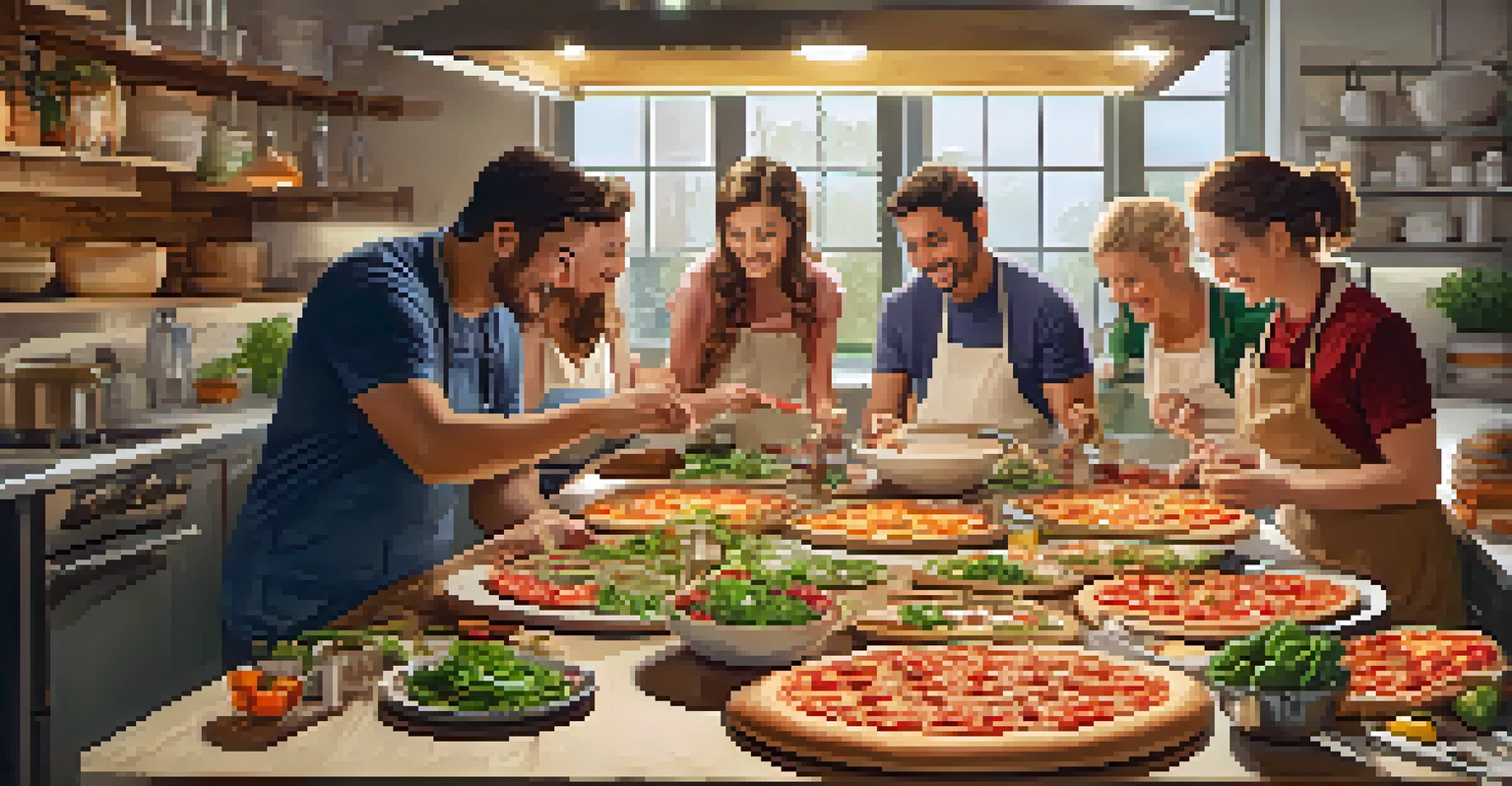 A group of friends joyfully making pizzas together at a table filled with fresh ingredients, showcasing an interactive dining experience.