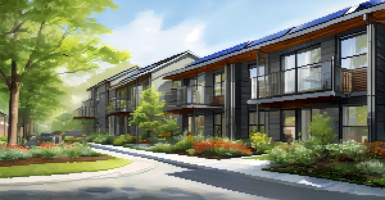 A modern eco-friendly apartment complex in Nashville with solar panels and green landscaping, illustrating sustainable living.