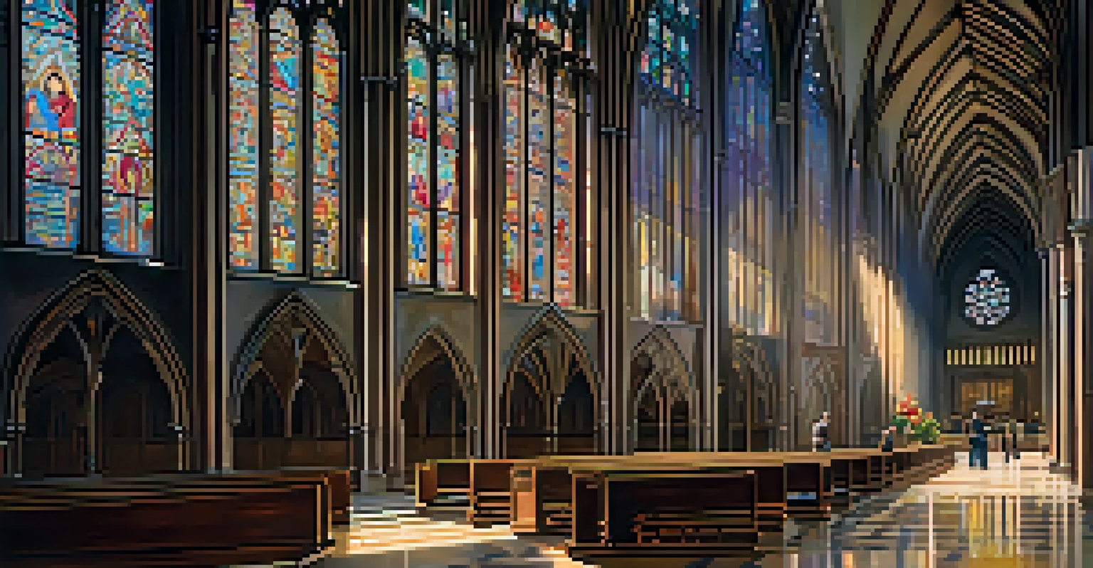 The interior of a Gothic cathedral with soaring spires and colorful stained glass windows, showcasing a peaceful atmosphere.