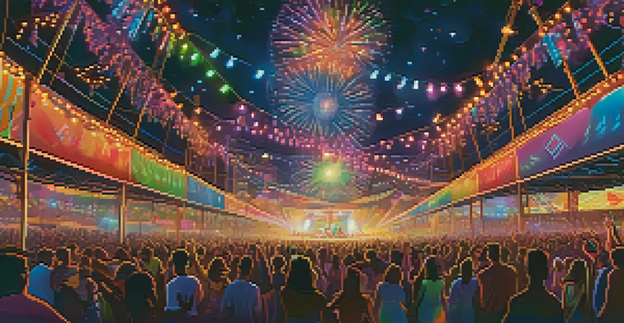 A lively music festival at night with people dancing under colorful lights and a DJ on stage.