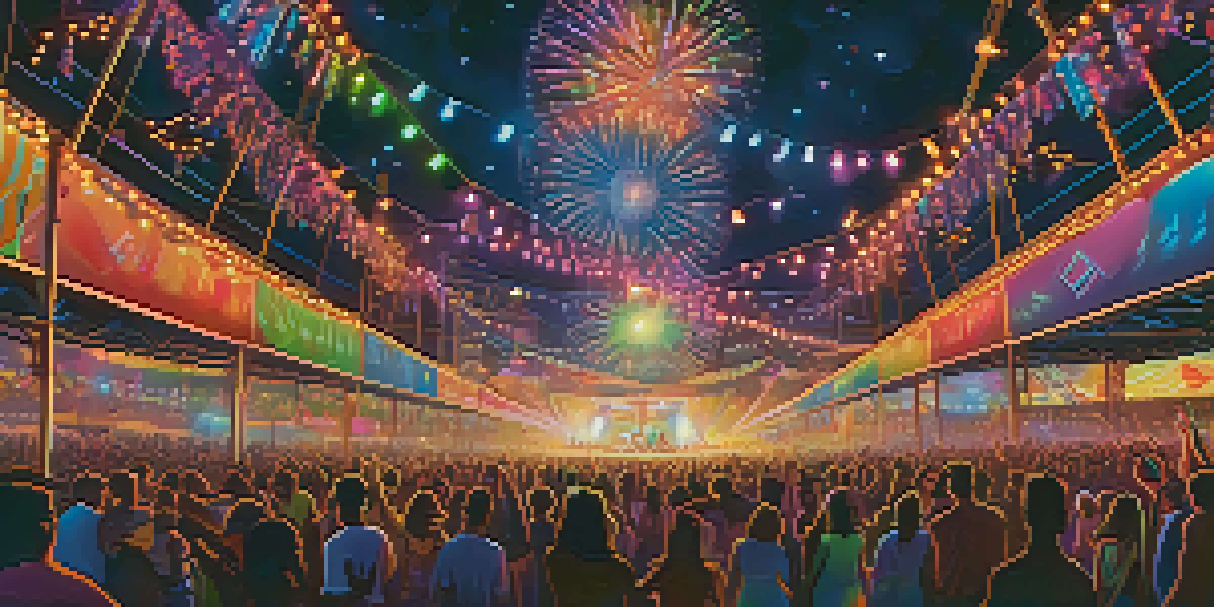 A lively music festival at night with people dancing under colorful lights and a DJ on stage.