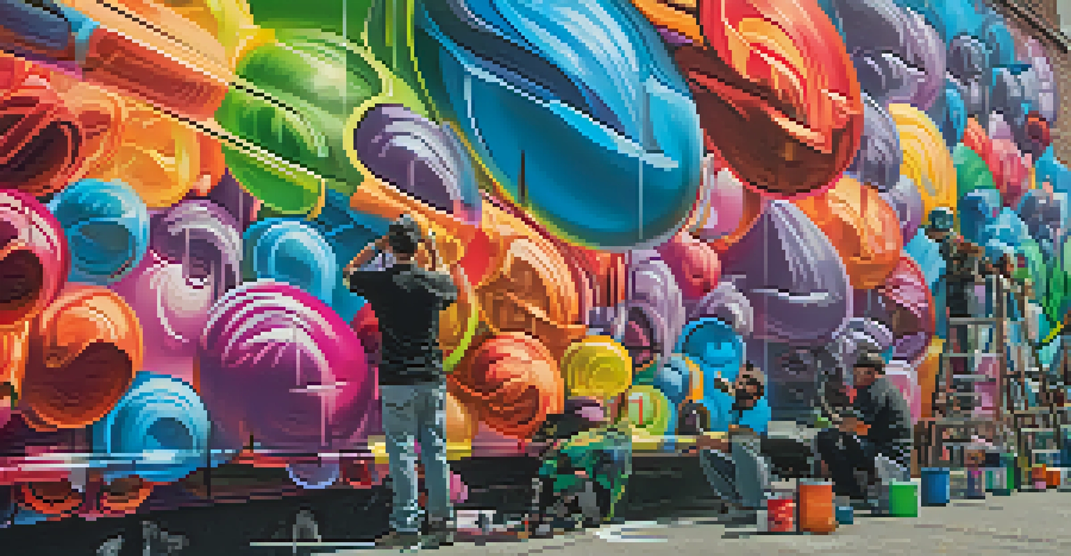 A local artist painting a colorful mural on an urban wall, with onlookers observing and vibrant spray paint cans nearby.