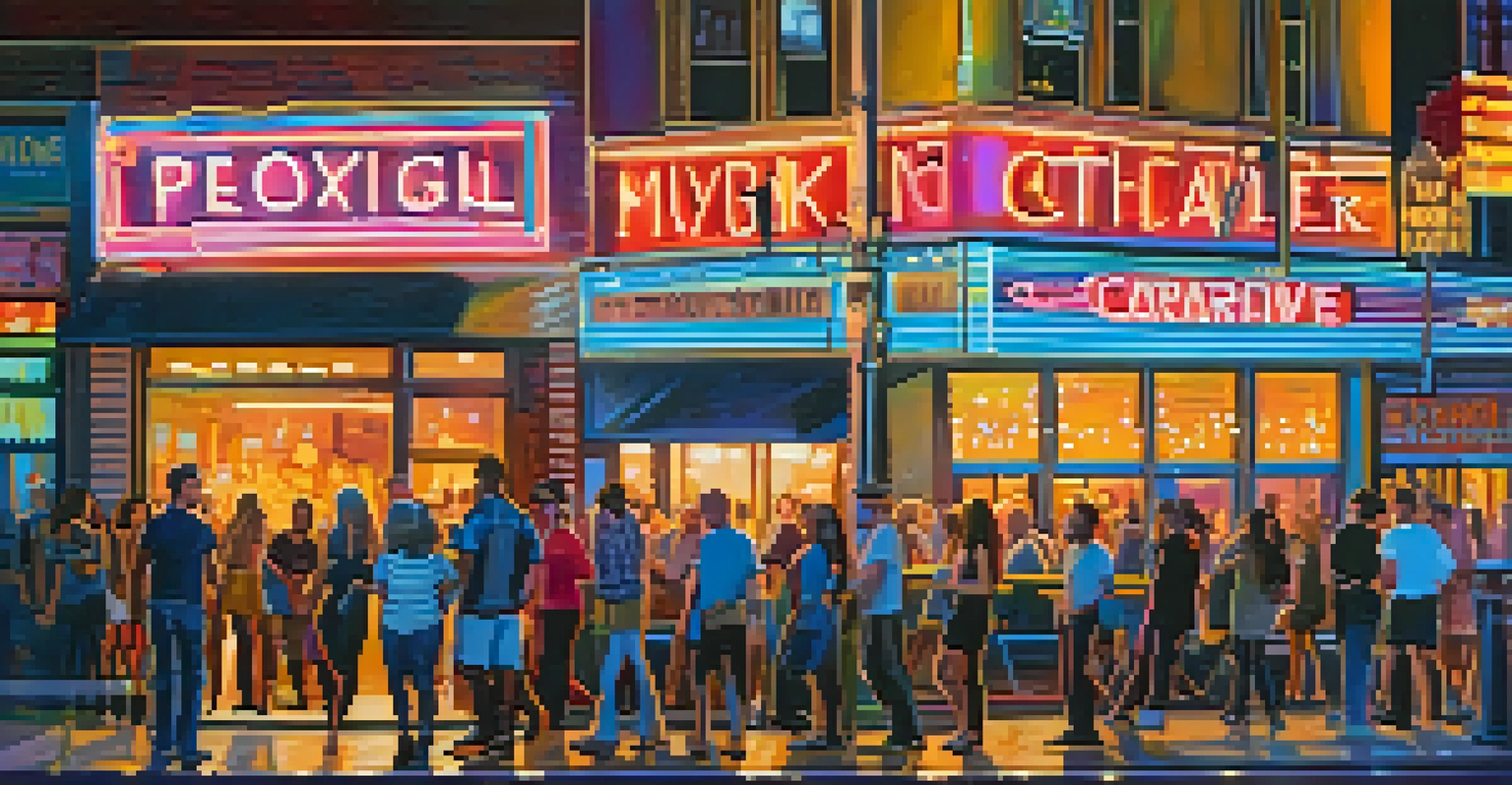 Lower Broadway in Nashville at night, filled with neon lights and students enjoying the nightlife.