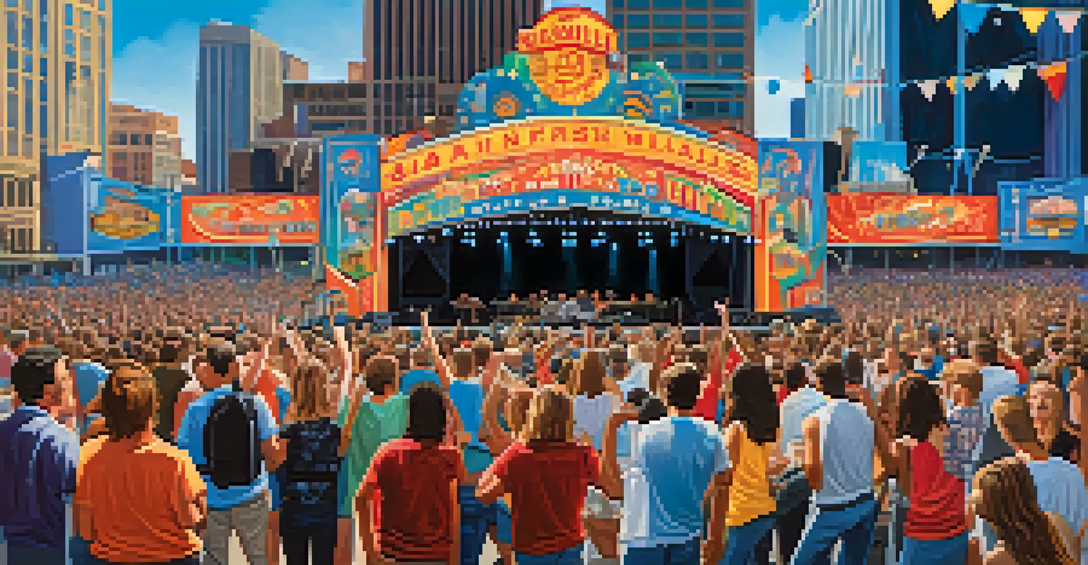 A lively outdoor music festival in Nashville with a colorful crowd enjoying performances and iconic landmarks in the background.