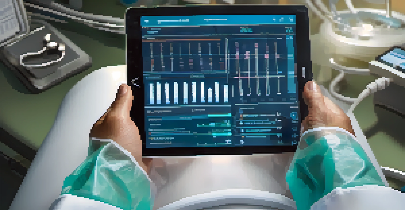 A healthcare worker's hands holding a tablet in an examination room with medical equipment and anatomical charts in the background.