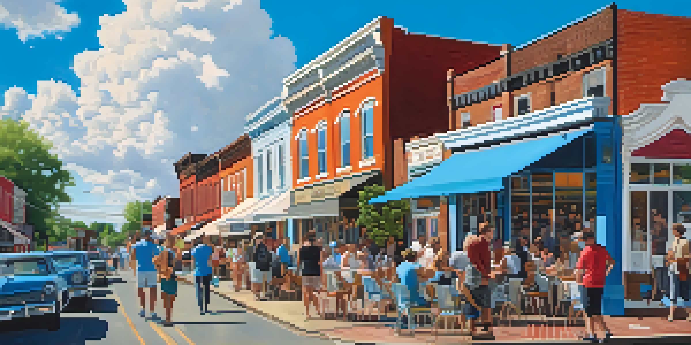 A vibrant neighborhood in East Nashville featuring a mix of historic and modern architecture, lively street art, and people enjoying outdoor cafes.