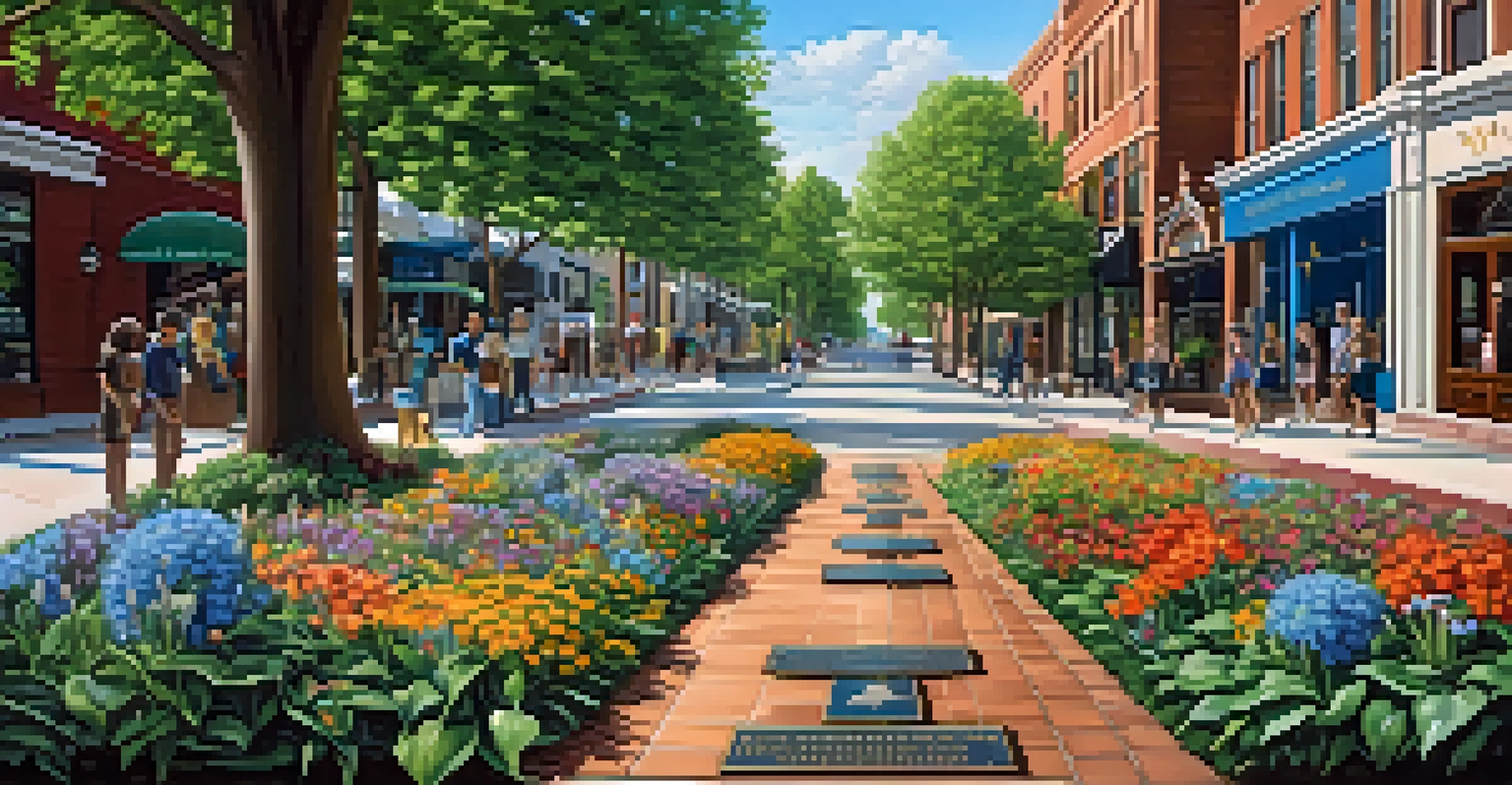 The Music Row Walk of Fame featuring bronze plaques celebrating country music legends, surrounded by greenery and flowers under a clear blue sky.
