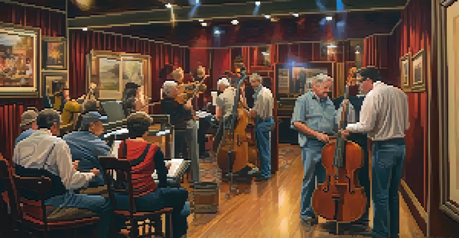 A guide showing historic photographs to visitors backstage at the Grand Ole Opry, with musicians preparing in the background.