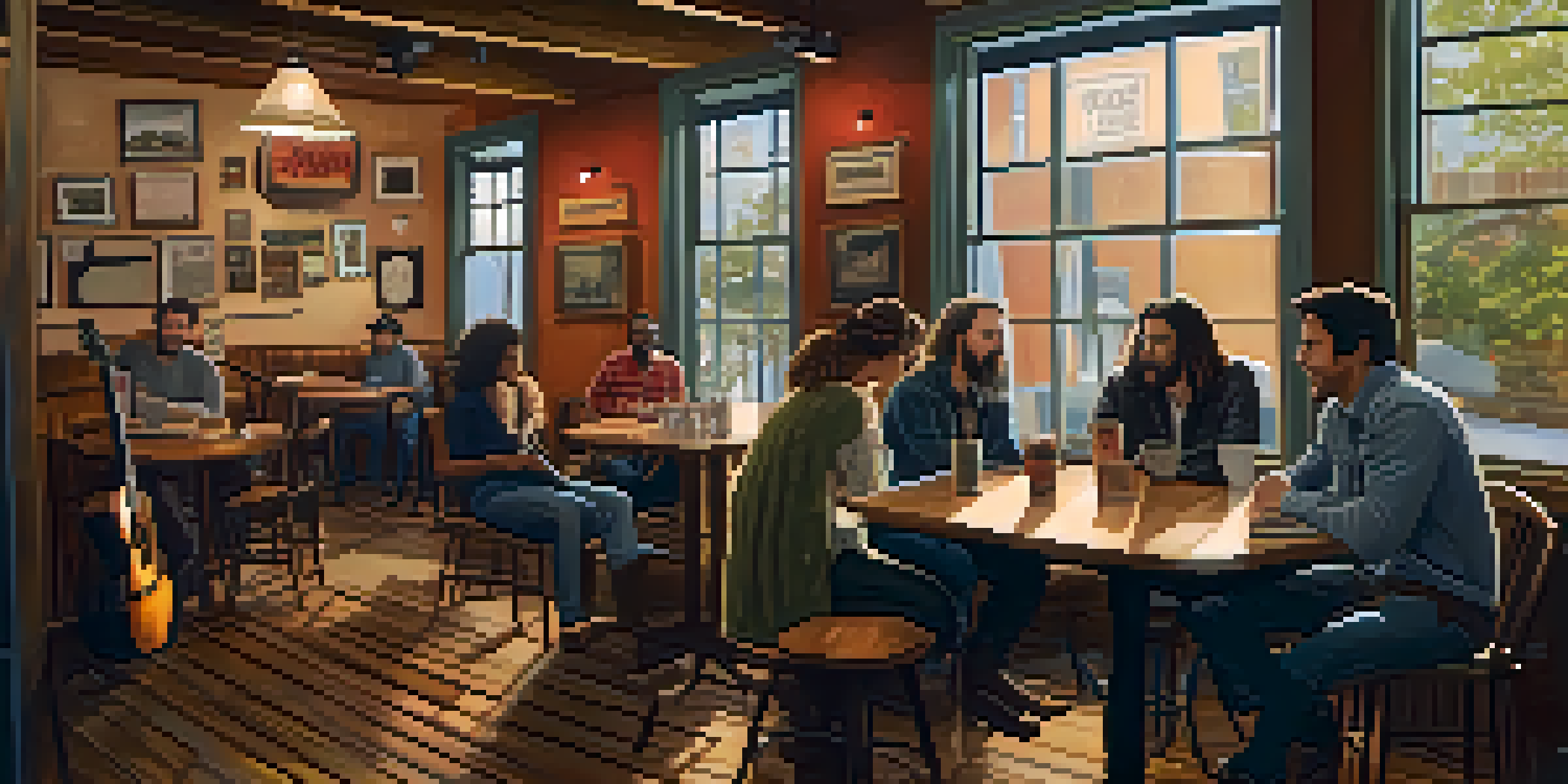 A warm and inviting coffee shop in Nashville with groups of songwriters sharing ideas and discussing projects, surrounded by musical instruments.