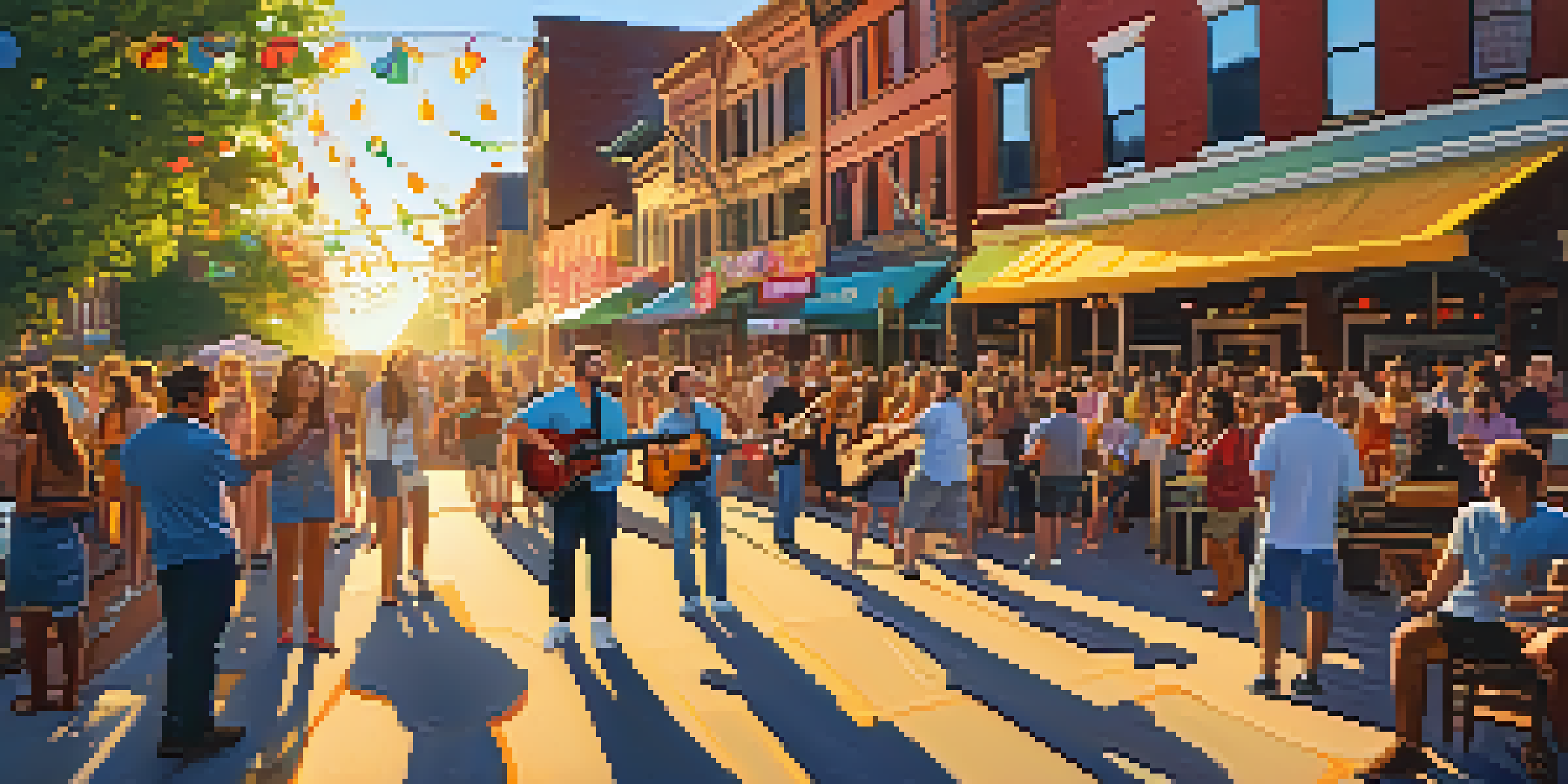 A lively street scene in Nashville with musicians performing and a diverse crowd enjoying a music festival during sunset.