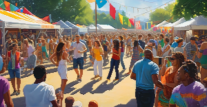 A vibrant outdoor music festival with people dancing, colorful banners, and food trucks in the background.